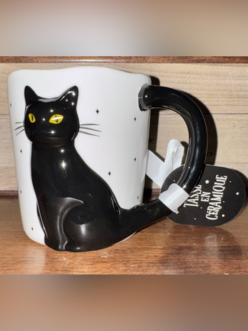 🥰 White Mug with a Black Cat 🐈⬛ 3D Sculpted Tail Handle by Sunday Morning